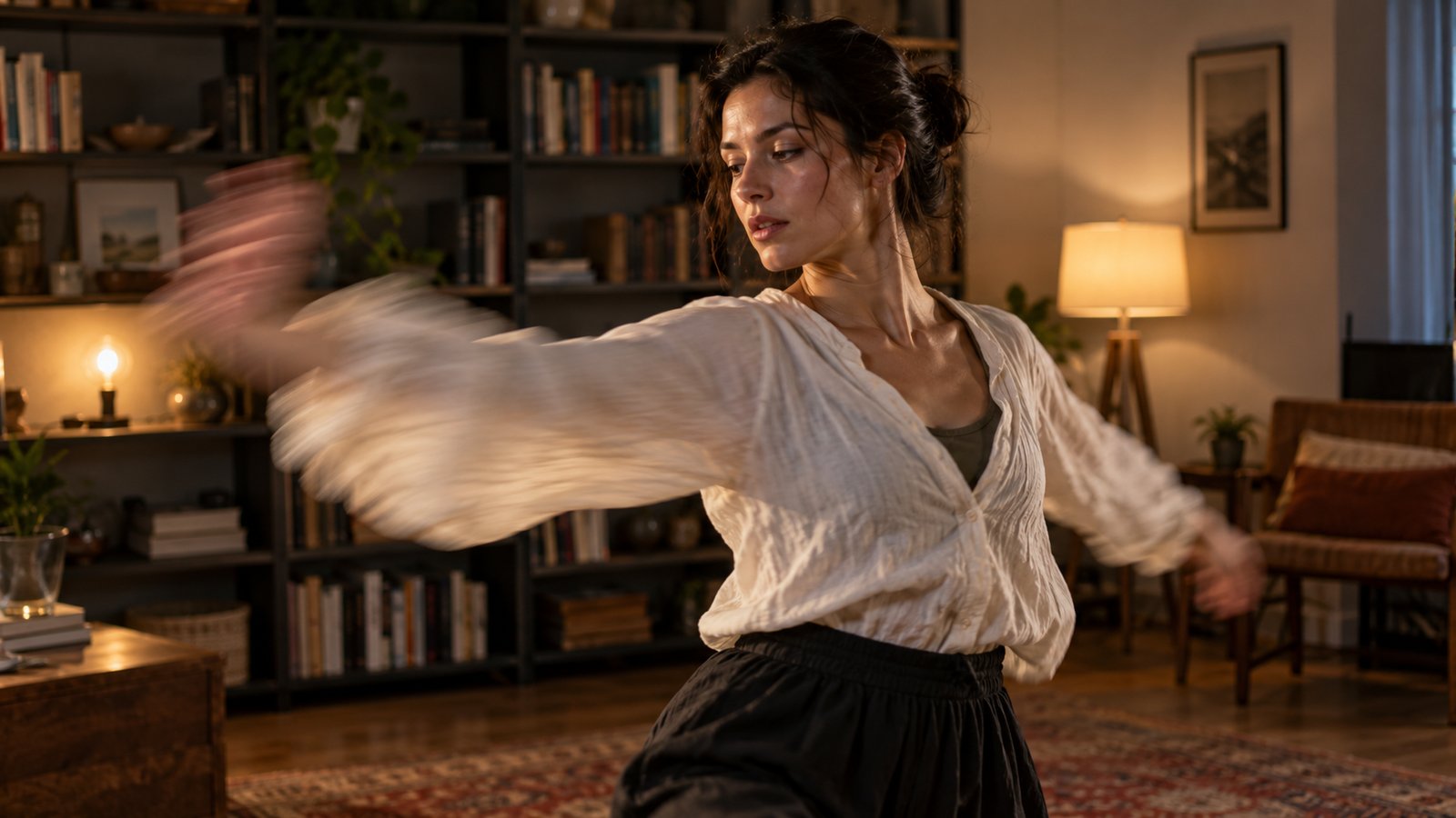 A female dancer moves her arms on a warmly lit set; the moving sleeves show visible motion blur.